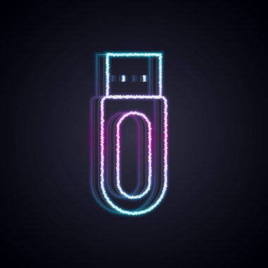 Parlayan neon hattı USB flash disk simgesi siyah arkaplanda izole edildi. Vektör