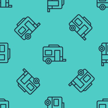 Siyah çizgi karavan karavan ikonu yeşil arka planda izole edilmiş pürüzsüz desen. Gezici ev, karavan, yolculuk için ev karavanı. Vektör