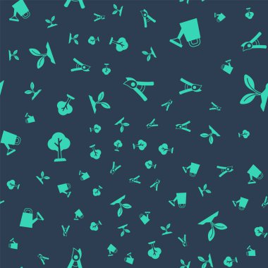 Bahçıvan el yapımı makas, su kovası, orman ve filizleri kusursuz desenlere ayarlayın. Vektör