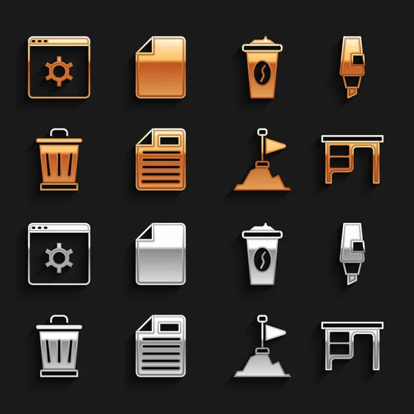 Set Dateidokument, Markierstift, Schreibtisch, Berge mit Flagge oben, Mülleimer, Kaffeetasse go, Browser-Einstellung und Symbol. Vektor — Stockvektor