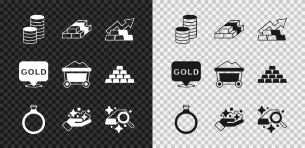 Set Zlaté mince peníze, Zásobníky papírové hotovosti, Růst šipky se zlatými cihlami, prsten, důl, a důl vozík ikony. Vektor — Stockový vektor