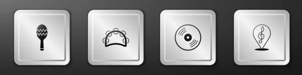 Set Maracas, Tambourine, Vinyl disk en Treble clef icoon. Zilveren vierkante knop. Vector — Stockvector