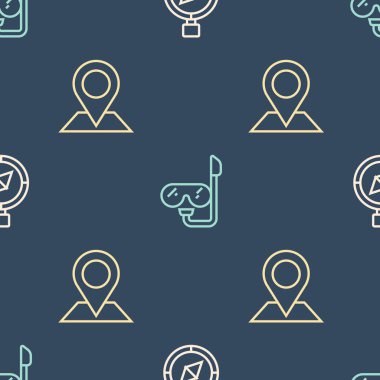 Pusula, konum ve dalış maskesini ve şnorkeli kusursuz bir şnorkelle ayarlayın. Vektör