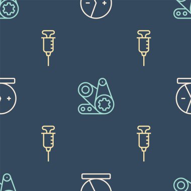 Atom, Şırınga ve Zamanlama kemeri setini kusursuz desene ayarlayın. Vektör