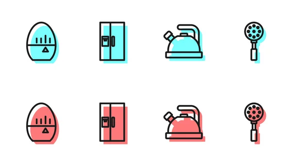 Set line Wasserkocher mit Griff, Küchenzeituhr, Kühlschrank und Spatel-Symbol. Vektor — Stockvektor