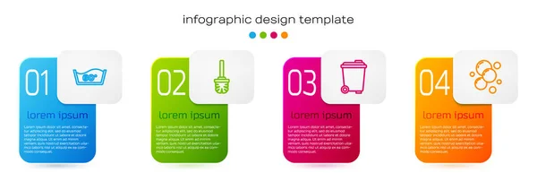 Imposta la linea Lavaggio della temperatura, spazzola da toilette, cestino e bolle d'acqua del sapone. Modello di infografica aziendale. Vettore — Vettoriale Stock