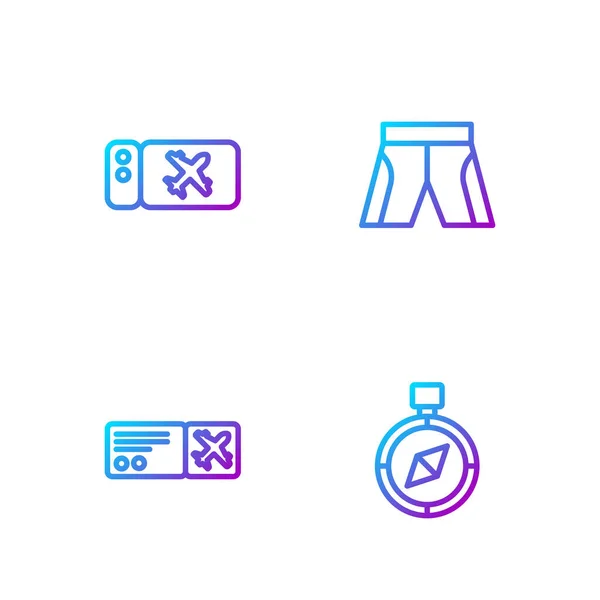 Set line kompas, letenka, a krátké nebo kalhoty. Barevné ikony přechodu. Vektor — Stockový vektor