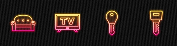 Set lijn Hotel deur slot sleutel, Sofa, Smart Tv en. Een gloeiend neon icoon. Vector — Stockvector