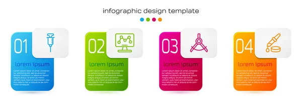 Set linea Siringa, Ingegneria genetica, Bussola di disegno e Pipette. Modello di infografica aziendale. Vettore — Vettoriale Stock