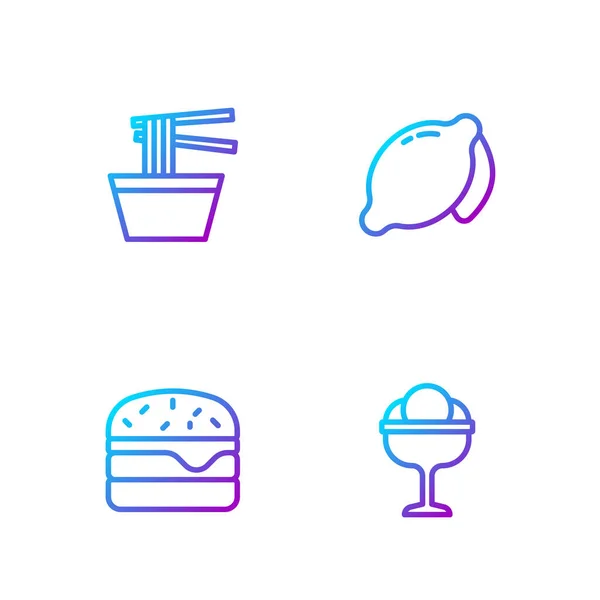 Set Line Eis in der Schüssel, Burger, asiatische Nudeln und Zitrone. Farbverlauf-Symbole. Vektor — Stockvektor