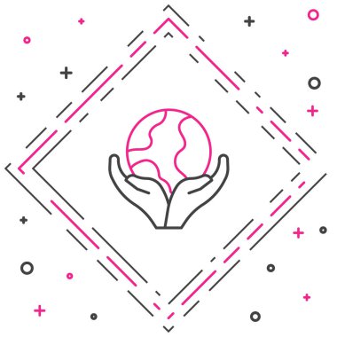 Beyaz arka planda Dünya 'nın simgesini tutan çizgi insan eli. Dünya kavramını sakla. Renkli taslak konsepti. Vektör