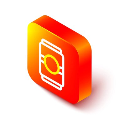 İzometrik çizgi birası beyaz arkaplanda izole edilebilir. Turuncu kare düğme. Vektör