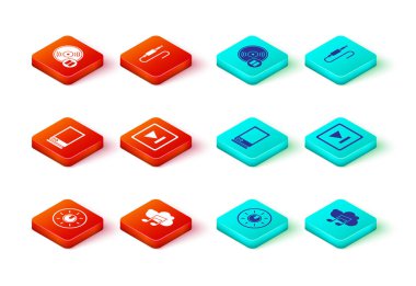 Çevirme düğmesi teknolojisi ayarları, müzik akış servisi, ses asistanı, hızlı ileri, ses kriko ve vinil disk simgesi ayarla. Vektör