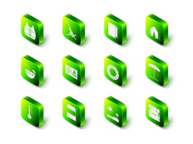 Sunbed, Havlu askıda, turist çadırı, plaj için koruyucu şemsiye, yürüyüş sırt çantası, lastik yüzme yüzüğü, plajlı sandalye ve sokak tente ikonu. Vektör