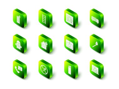 Yangın merdiveni, hortum dolabı, kamyon, yangın söndürme kibriti, şömine, alarm sistemi, Çakmak ve Simge Yok. Vektör