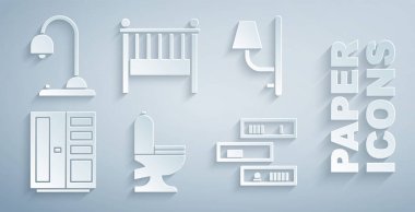 Tuvalet kapağı, duvar lambası, gardırop, kitaplı raf, beşik yatağı ve masa lambası ikonu. Vektör