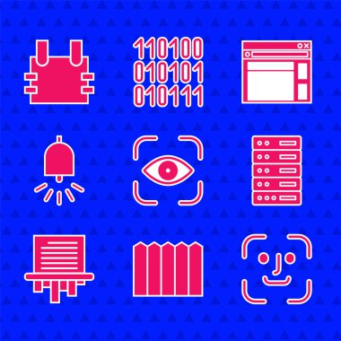 Göz taraması, bahçe çiti ahşabı, yüz tanıma, sunucu, veri, web sunucusu, kağıt öğütücü, zil sesi, web sitesi şablonu ve kurşun geçirmez yelek ikonu. Vektör