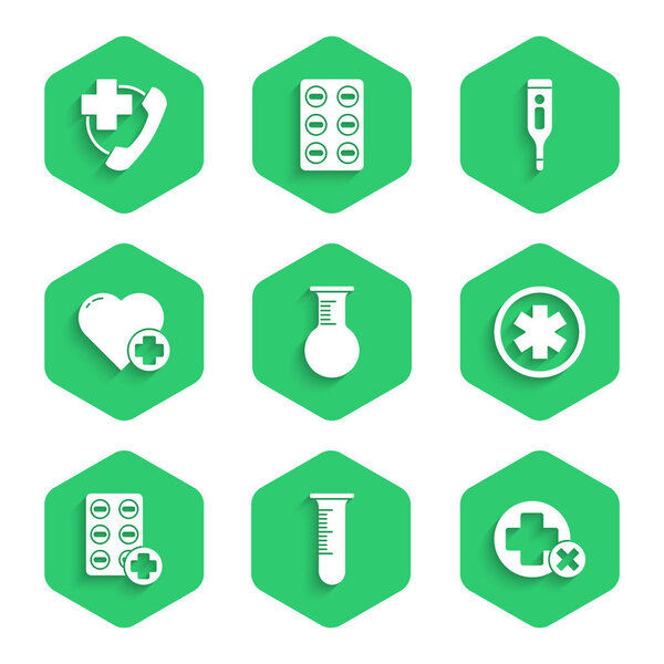 Set Test tube and flask, Cross hospital medical, Medical symbol of the Emergency, Pills in blister pack, Heart with cross, digital thermometer and phone call to icon. Vector