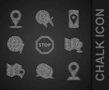 Set Stop sign, Infographic of city map navigation, Location, Folded with push pin, location marker, Globe flying plane, City and  icon. Vector vector