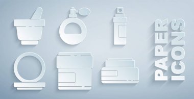 Krem ya da losyon kozmetik tüpü, parfüm aynalı makyaj tozu havan topu ve tokmak ikonu. Vektör