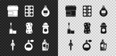 Krem veya losyon kozmetik tüpü, Göz farı paleti, parfüm, Pipette, Mascara fırçası ve köpük ikonlu sünger. Vektör