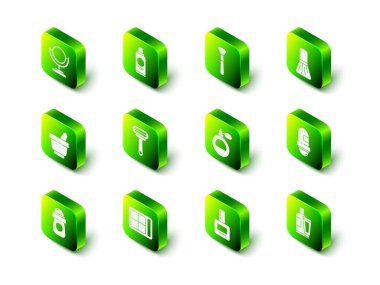 Şampuan şişesi, makyaj fırçası, terleme önleyici deodorant rulo, krem losyon kozmetik tüp, parfüm, tırnak cilası şişesi ve göz boyası ikonu. Vektör