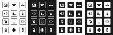 Smartwatch, USB flash disk, Speaker hacmi, Vinil oynatıcı, Bilgisayar faresi, Hareket sensörü, Taşınabilir oyun konsolu ve Kablosuz bilgisayar simgesini ayarla. Vektör