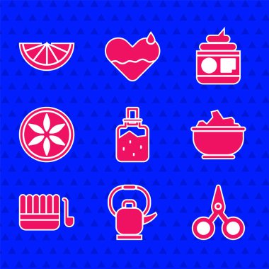 Spa tuzu, saplı çaydanlık, makas, kâse içinde deniz, sauna kovası kepçesi, yaprak bitkisi, krem losyon kozmetik tüp ve Citrus meyve ikonu. Vektör