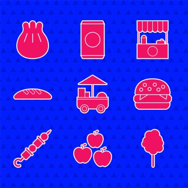 Fast street food seti, Apple, Cotton Candy, Burger, ızgara şiş kebap, ekmek somonu, tenteli sokak tezgahı ve Khinkali kesim tahtası ikonu. Vektör