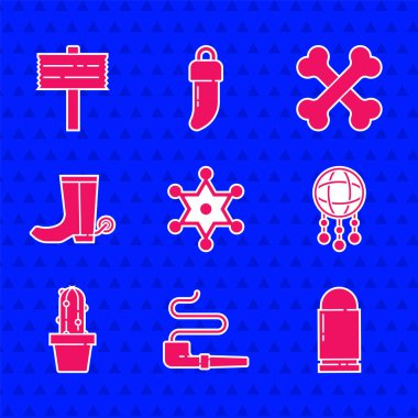Hexagram şerifi, sigara piposu, kurşun, tüylü düş kapanı, kaktüs peyote kabı, kovboy çizmesi, çapraz insan kemikleri ve trafik levhası ikonu. Vektör
