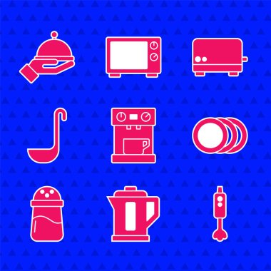 Kahve makinesi, elektrikli çaydanlık, blender, tabak, tuz, mutfak kepçesi, tost makinesi ve tepsi ikonu ile kaplanmış. Vektör
