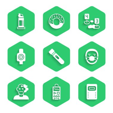 El feneri, diktafon, polis saldırı kalkanı, doktor patolog, cinayet, atış için insan hedef sporu, suç mahalli işareti ve biber gazı ikonu. Vektör