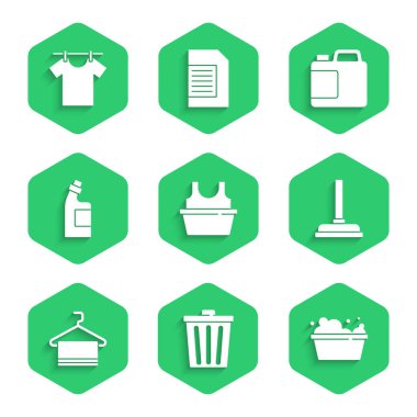 Tişört, çöp tenekesi, sabun köpüğü, havluyu askıya al, temizlik malzemesi şişesi ve kurutma ikonu getir. Vektör