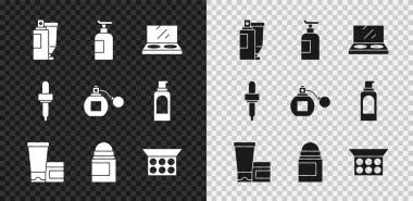 Krem veya losyon kozmetik tüpü, aynalı makyaj tozu, terletici deodorant rulosu, Pipette ve parfüm ikonu. Vektör