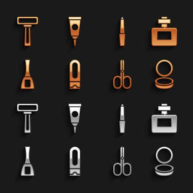 Şampuan, parfüm, aynalı makyaj tozu, makas, tırnak cilası şişesi, dosya tıraş jileti ve krem kozmetik tüp ikonu. Vektör