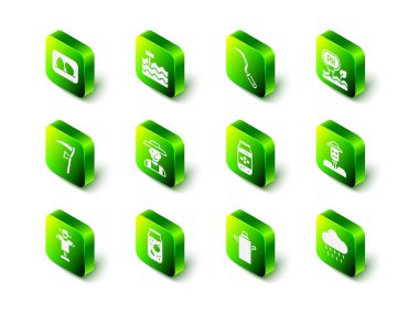 Bahçe yatağı, orak, toprak pH testi, Korkuluk yağmurlu bulut, bal kavanozu süt ve reçel kavanozu ikonu. Vektör