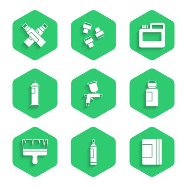 Boya sprey tabancası, fosforlu kalem, sarmal defter, boya, guaj, kavanoz, boya, fırça, kutu ve ikon. Vektör