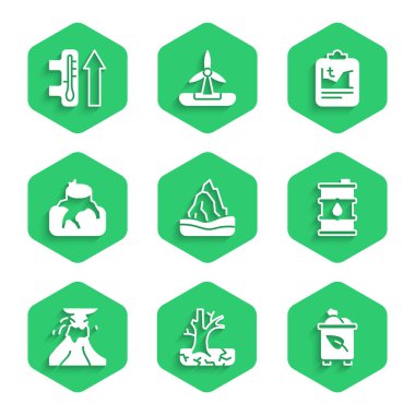 Buzdağı, Kuru Ağaç, Geri Dönüşüm Kutusu Geri Dönüşüm Kutusu, Varil Yağı, Volkan Patlama Lavı, Ormansızlaşma, Küresel Isınma ve İkonlu. Vektör