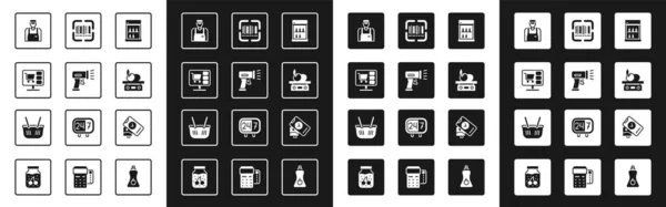 Комплект Коммерческий Холодильник Сканер Сканирования Штрих Код Корзина Компьютере Продавец — стоковый вектор