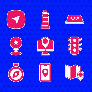 Konum imleci, Şehir Haritası navigasyonu, Katlanmış, Trafik Işığı, Pusula, Harita İşaretleyici Yıldızı, Taksi araba çatısı ve Bilgi Şehri simgesi ile monitörü ayarla. Vektör