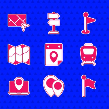 Seyahat planlama takvimi, konum, işaret, tren, konumu olan dizüstü bilgisayar, katlanmış harita ve şehir yön bulma simgesini ayarla. Vektör