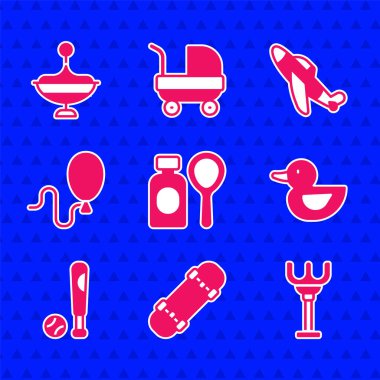 Sabun köpüğü şişesi, kaykay, tırmık oyuncağı, plastik ördek, balonlu beyzbol sopası, balon, oyuncak uçak ve Whirligig ikonu. Vektör