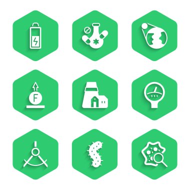 Elektrik santrali, virüs, mikroorganizmaları büyüteç, ölçü, pusula, fizik formülü, Dünya küresi ve pil ikonu altında ayarla. Vektör