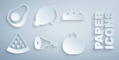 Tavuk budu, ekmek somunu, karpuz, domates, limon ve meyve ikonu. Vektör