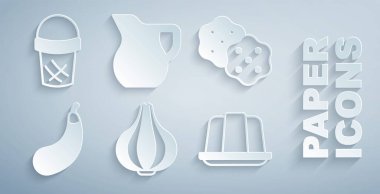 Sarımsak, bisküvi, patlıcan, jöleli kek, sütlü sürahi bardağı ve waffle ikonunda dondurma. Vektör