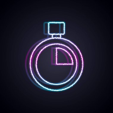 Parlayan neon hattı Stopwatch simgesi siyah arkaplanda izole edildi. Zaman göstergesi. Kronometre işareti. Vektör.