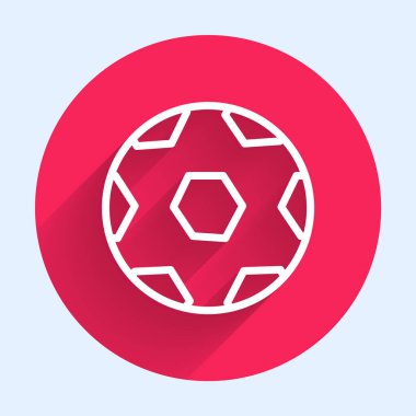 Beyaz çizgi futbol topu ikonu uzun gölge arkaplan izole. Spor malzemeleri. Kırmızı daire düğmesi. Vektör