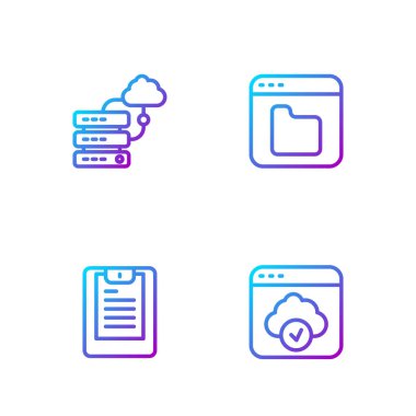 Hat Cloud teknoloji veri transferini, Sunucu, Veri raporunu, Ağ bulut bağlantısını ve Tarayıcı dosyalarını ayarla. Renk simgeleri. Vektör