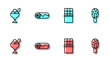 Sabit çizgi çikolata, kasede dondurma, rulo pasta ve ikon. Vektör