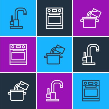 Hattı su musluğu, tencere ve fırın ikonu kurun. Vektör